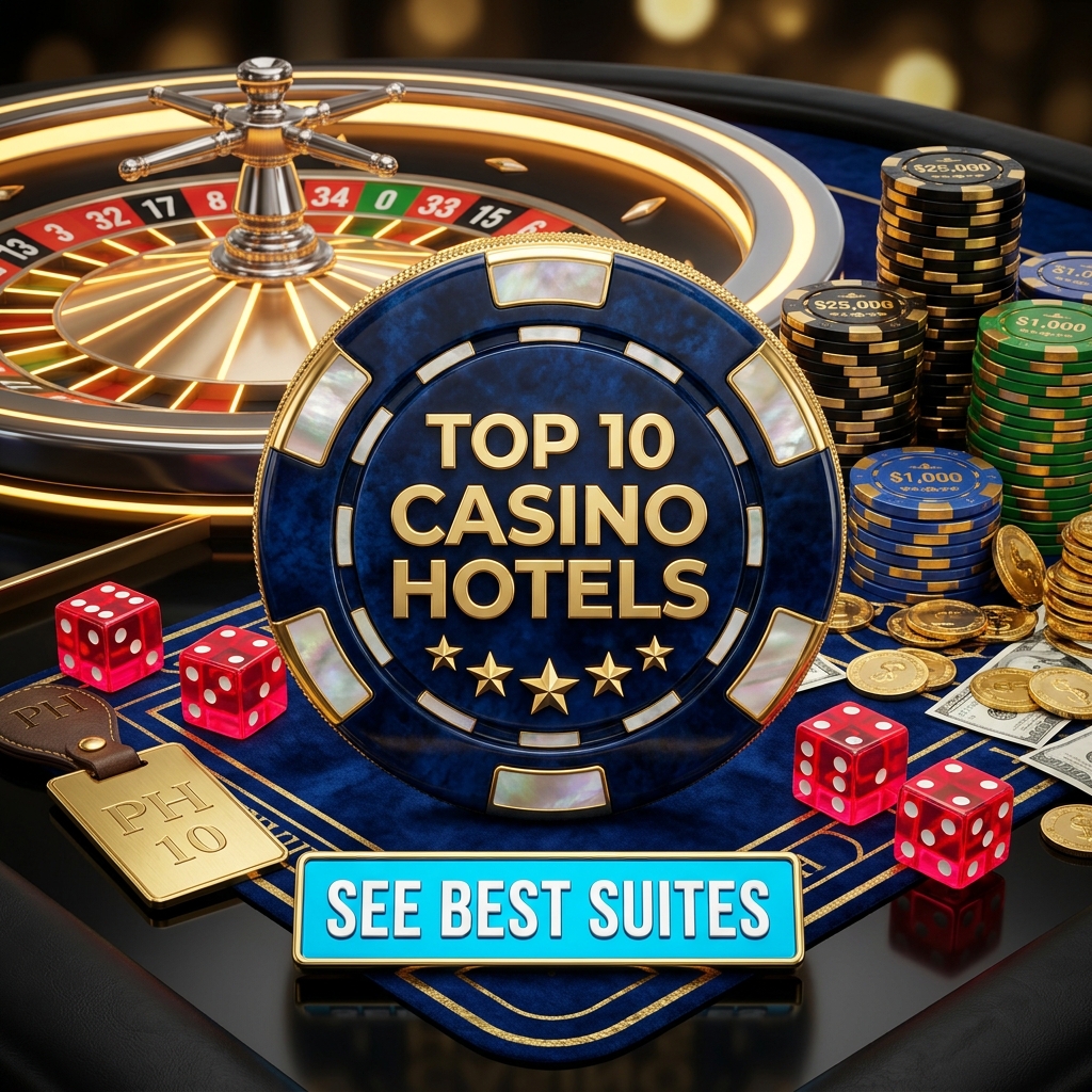 Top 10 casino hotels — luxury casino seal with dice and chips